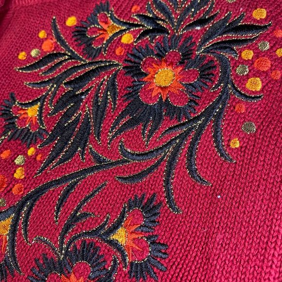 BOB MACKIE Cardigan EMBROIDERED Red Button Up LONG Sweater! FLORAL ART Sz 1X - Picture 6 of 16